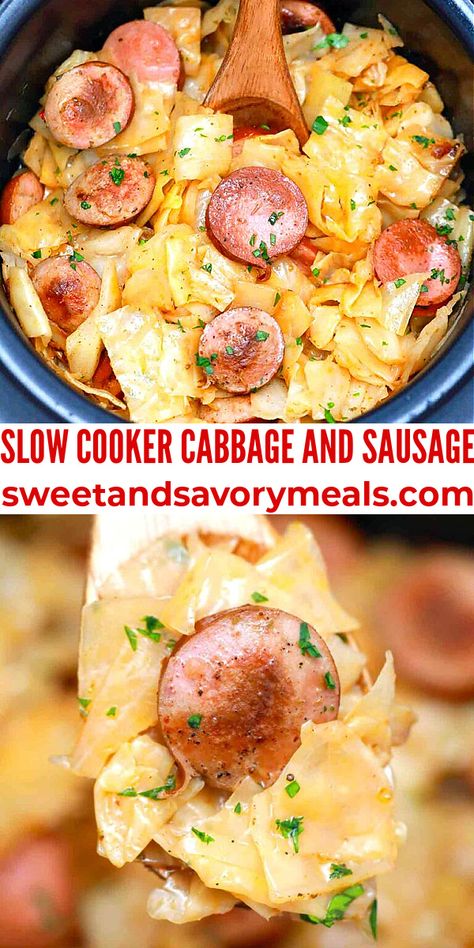 Slow Cooker Cabbage and Sausage - Sweet and Savory Meals Cabbage And Smoked Sausage, Cabbage Slow Cooker, Crockpot Cabbage Recipes, Slow Cooker Cabbage, Sausage Slow Cooker, Kielbasa And Cabbage, Sausage Crockpot, Crock Pot Cabbage, Cabbage And Sausage