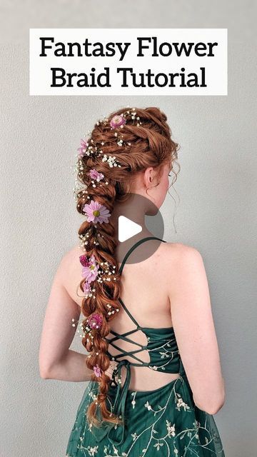 Fairy Themed Hairstyles, Fae Hairdo, Ren Fair Hairstyles Easy, Fantasy Hair Tutorial, Gingersnark Hair, Fairy Hairstyles For Long Hair, Ren Fair Hair, Fairy Updo, Flower Braid Hairstyles