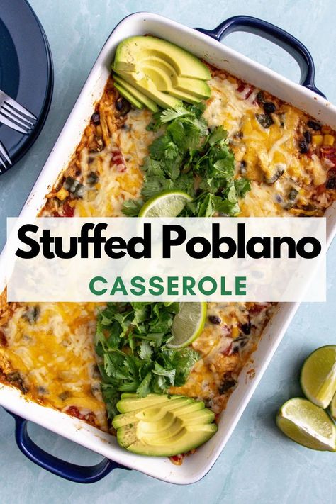 Stuffed Poblano Pepper Casserole, Poblano Chicken Enchilada Casserole, Chicken Pablano Pepper Casserole, Pablano Pepper Recipes Chicken, Cheesy Poblano Rice Bake 12 Tomatoes, Chicken Poblano Tacos, Creamy Stuffed Peppers, Chicken Poblano Casserole, Poblano Chicken Recipes