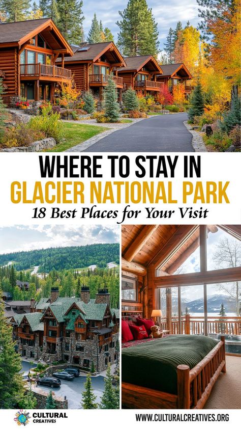 Charming mountain lodges and cozy cabins surrounded by autumn foliage, showcasing Where to Stay in Glacier National Park: 18 Best Places for Your Visit. Glacier Park Lodge, Visiting Glacier National Park, Glacier Park Montana, Many Glacier Hotel, Cozy Lodge, Montana Vacation, Many Glacier, Montana Travel, Glacier National Park Montana