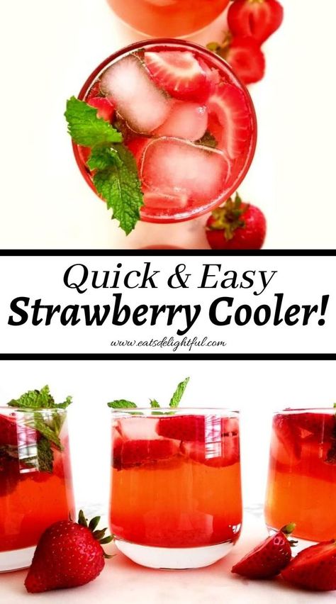 strawberry cooler in glasses garnished with mint Strawberry Sprite Drink, Strawberry Drink Recipes Non Alcoholic, Non Alcoholic Strawberry Drinks, Strawberry Drinks Non Alcoholic, Strawberry Summer Drinks, Strawberry Vodka Drinks, Strawberry Alcohol Drinks, Strawberry Mocktail Recipe, Strawberry Punch Recipes