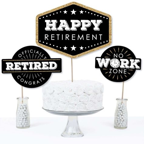 Happy Retirement Centerpiece Sticks INCLUDES 15 black and gold table toppers in three different shapes, 15 wooden dowel sticks and stickers for easy assembly. Black and gold party table decorations are perfect for a retirement party. Happy Retirement Centerpiece Sticks SIZE five happy retirement table toppers, 10.75" wide x 8" tall; five no work zone table toppers, 6.25" wide x 5" tall; and five officially retired congrats table toppers, 8.5" wide x 6" tall. The unique design and variety of piec Retirement Party Centerpieces, Happy Retirement Decorations, Retirement Party Themes, Retirement Decorations, Party Centerpiece, Happy Retirement, Party Table Decorations, Booth Props, Retirement Party