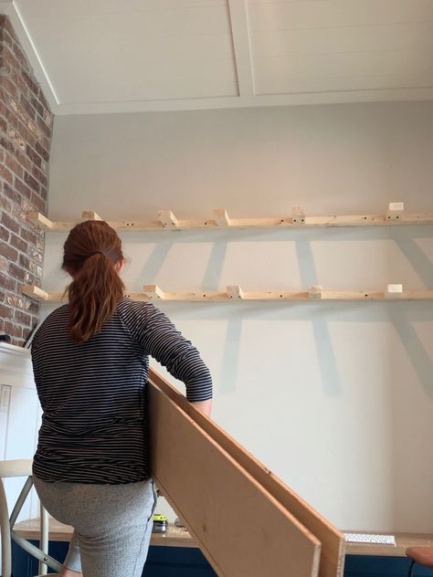 Easy Built In Shelves Diy, Mobile Home Floating Shelves, How To Build Long Floating Shelves, Fireplace With Built Ins And Floating Shelves, Long Shelves Living Room, Full Length Wall Shelf, Diy Chunky Shelves, Diy Oak Shelves, Floating Shelves On Wallpaper