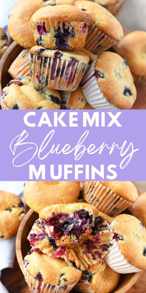 Easy & Moist Cake Mix Blueberry Muffins. Made with cake mix, these blueberry muffins are so quick and easy to put together. via @sizzlingeats Blueberry Cake Muffins, Cake Mix Blueberry Muffins Recipes, Muffin Cake Mix Recipes, Blueberry Cake Mix Muffins, Box Blueberry Muffins Better, Cake Mix Lemon Blueberry Muffins, Blueberry Muffins With Cake Mix Easy, Cake Mix Strawberry Muffins, 3 Ingredient Blueberry Muffins