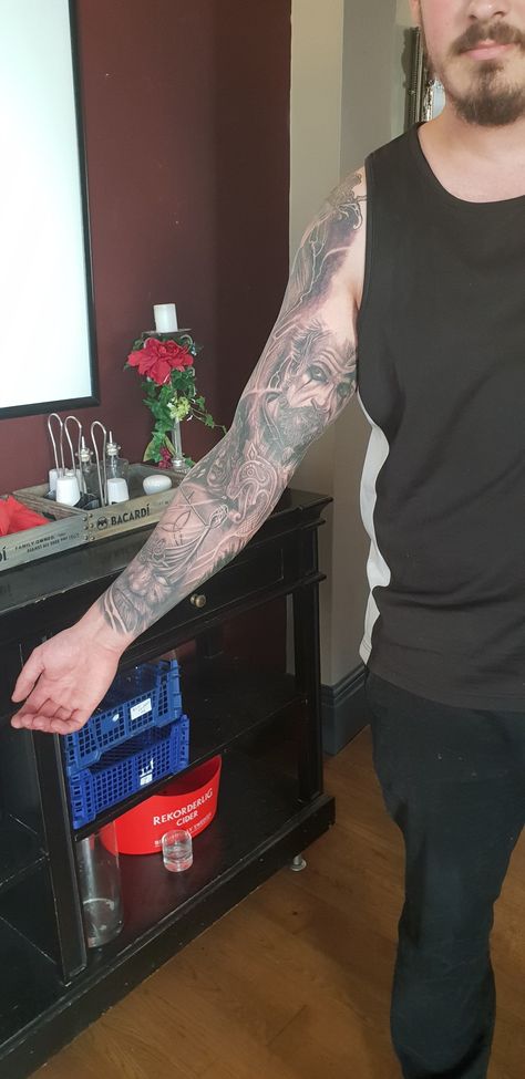 My viking sleeve all finished off, check out my board for the rest of the sleeve tattoo, most of it is characters from the history channels show Vikings and features characters like Ragnar, ivar the boneless, lagertha, Bjorn ironside, the seer and floki as well as Odin the Norse God, a viking longship, the helm of awe, lightning, a raven and an eagle also viking knot work up on my shoulder. Every tattoo was done by Josh Docksey at Ravenskin Cowes on the Isle of Wight, England. Highly recommend. Viking Sleeve, Viking Knot, Bjorn Ironside, Isle Of Wight England, The Helm Of Awe, Viking Longship, Nature Mandala, Helm Of Awe, Ivar The Boneless