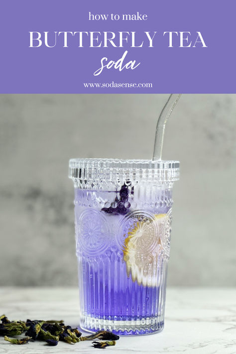 Transform your spring tea time with this gorgeous butterfly tea soda recipe made with Soda Sense. Perfect for those who love homemade creations and high tea aesthetics. Try it out and elevate your at-home sparkling water game! #teaart #tea #teatime #highTea #teaparty Tea Time Aesthetic, Diy Soda, Diy Tea Party, Tea Soda, How To Make Butterfly, Soda Maker, Butterfly Pea Tea, Alcholic Drinks, Time Aesthetic