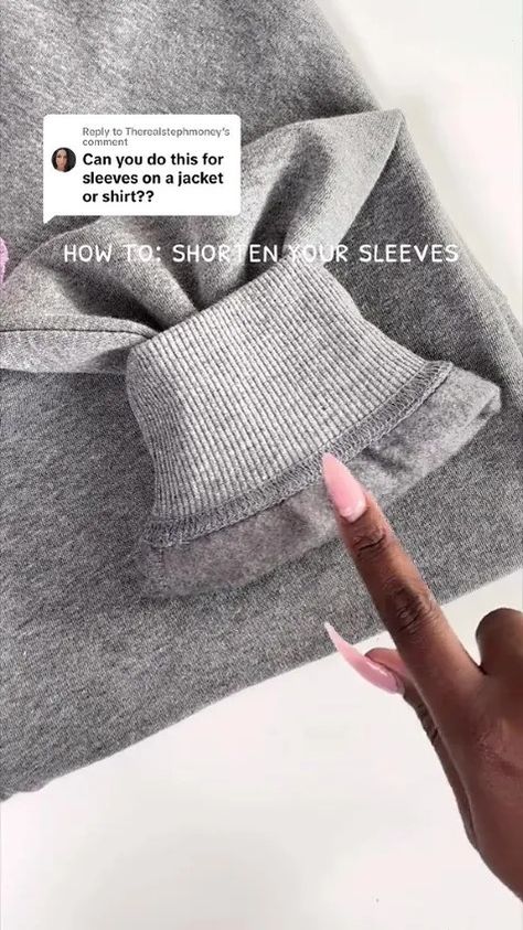 If you’re new to sewing, it can be daunting to know how to shorten sleeves with a ribbed cuff, like on a sweatshirt. Here’s a quick and easy hack that doesn’t involve removing the cuff and re-attaching it. Shorten Sleeves, Refashion Jeans, Clear Tote Bags, Diy Tops, Shirt Cuff, Cut Sweatshirts, Fabric Yarn, Shirt Dress Casual, Tote Bag Purse