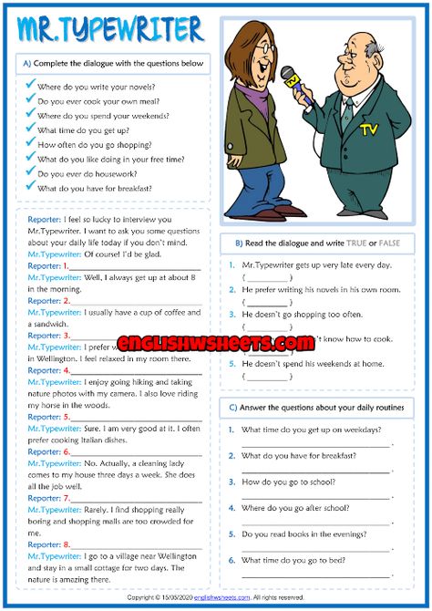 Daily Routines ESL Dialogue Comprehension Exercises Worksheet Dialogue Writing Worksheets, Improve English Writing Skills, Simple Present Tense Worksheets, Improve English Writing, Esl Reading Comprehension, Present Simple Tense, Dialogue Writing, English Textbook, Presente Simple