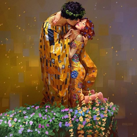 Learn Digital Painting! on Instagram: “@mazarat's interpretation of Gustav Klimt's painting, 'The kiss' ⁠ is nothing short of unbelievable. ❤️ ⁠ ⁠ Swipe for the original! Hop…” Kiss Painting, Shiva Shakti, Textured Canvas Art, Arte Inspo, The Kiss, Arte Fantasy, Mini Canvas Art, Gustav Klimt, Canvas Texture