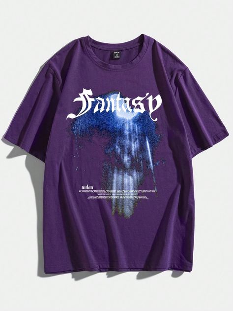 Violet Purple Casual Collar Short Sleeve Fabric Graphic,Letter  Embellished Slight Stretch Summer Men Clothing Purple Outfits Men, Purple Shirt Outfits, Purple Streetwear, Aesthetic Clothes Men, Overall Men, Purple Graphic Tee, Mode Purple, T-shirt Photography, Lavender Shirt