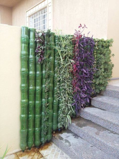 19 Creative Plastic Bottle Vertical Garden Ideas - A Green Hand Kebun Herbal, Plastic Bottle Planter, Taman Diy, Vertical Garden Ideas, Reuse Plastic Bottles, Vertical Garden Design, Tanaman Pot, Jardim Diy, Diy Plastic Bottle