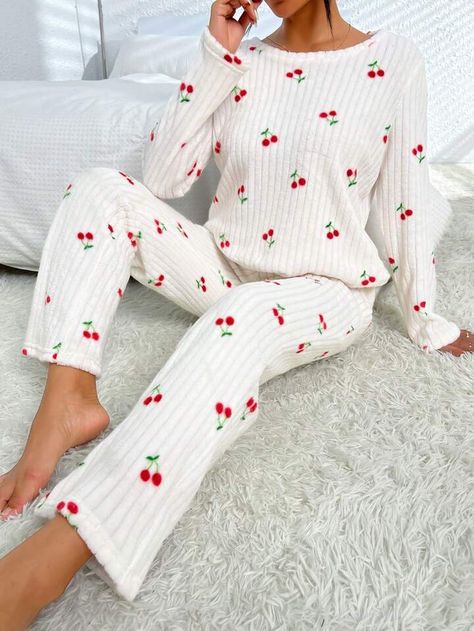 Cherry Print Tee & Pants PJ Set | SHEIN USA Pijama Aesthetic, Shein Order, Comfy Home Outfits, Pajamas Aesthetic, Comfy Pjs, Loungewear Outfits, Cute Pajama Sets, Cute Pajamas, Cherry Print