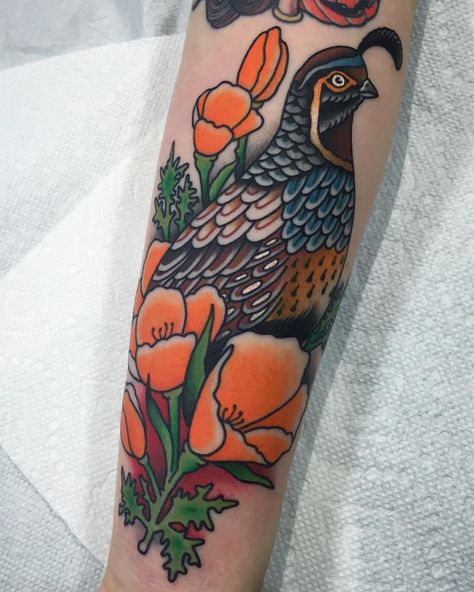 Quail Tattoo, Chicken Tattoo, California Quail, California Tattoo, Ancient Tattoo, Poppies Tattoo, Forarm Tattoos, Thanks For Coming, American Traditional Tattoo