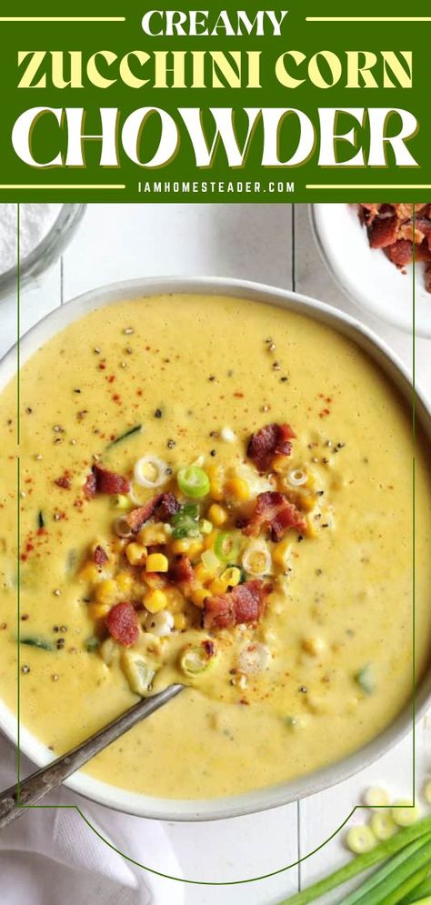 This is the best Zucchini Corn Chowder you shouldn't miss on your weeknight dinner recipe! It's a creamy and delicious soup filled with garden-fresh corn, zucchini, and crispy bacon. A comfort food bursting with summer flavors! Corn And Zucchini Recipes, Zucchini Corn Chowder, Bacon Soup Recipes, Corn Chowder Soup, Corn And Zucchini, Corn Zucchini, Warm Soup Recipes, Zucchini Corn, Best Zucchini