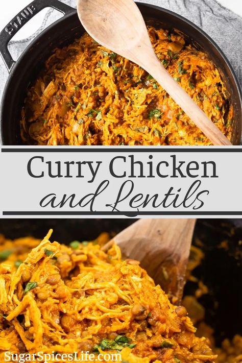 This Curry Chicken and Lentils recipe is quick, easy, and full of flavor! Shredded chicken with onion and lentils, simmered in a deliciously spiced coconut milk sauce. It's a great option for a busy weeknight dinner that your whole family will enjoy. Serves - 6 Shredded Curry Chicken, Crockpot Chicken And Lentils, Chicken Lentil Curry Recipes, Shredded Chicken Curry Recipes, Chicken And Lentil Curry, Chicken And Lentils Recipes, Lentils And Chicken Recipes, Chicken And Lentil Recipes, Chicken Lentil Recipes