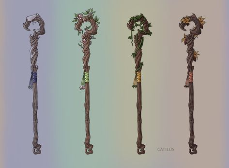 A magic staff that changes its appearance to reflect the season of the world!  Emmanteinsien is the God of treants, and this staff was once one of his ageless branches.  #Catilus #Catilusart #Patreon #Commission #wow #dnd #criticalrole #dnd5e #art #fantasy #ttrpg #roleplaying #item #roleplay #staff #magic #druid Anime Staff Design, Druid Staff Art, Mushroom Staff Art, Dnd Staff Magic, Mage Staff Aesthetic, Dnd Quarterstaff Druid, Dnd Druid Staff, Anime Magic Staff, Staff Ideas Magic