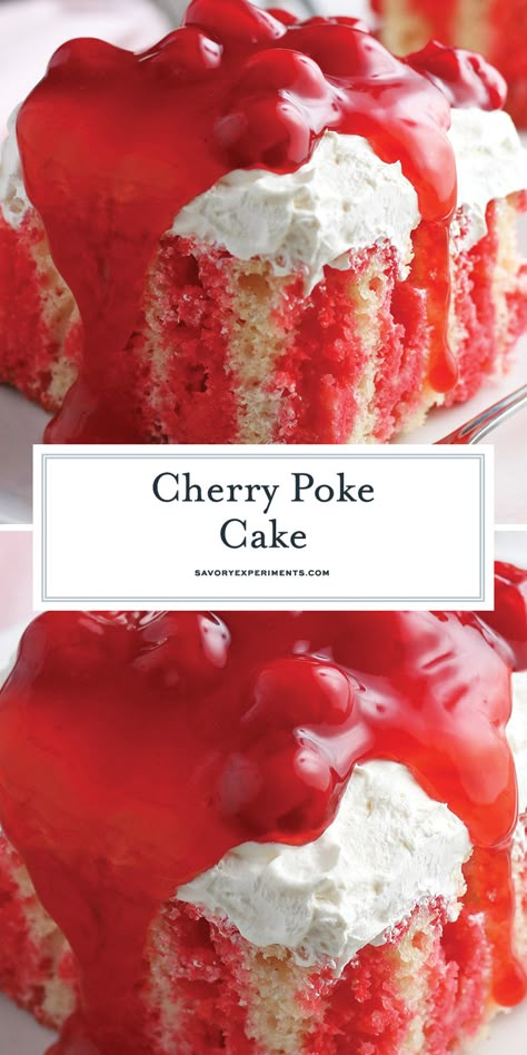 Poke cakes are so fun, and this Cherry Poke Cake is no exception. Easier to make than just a white cake with cherry filling, and more delicious too! #cherrypokecake #cherrycake #pokecakerecipe www.savoryexperiments.com Desserts Poke Cake, Cherry Poke Cake, Cake With Cherry Filling, Cake With Cherry, Poke Cake Recipe, Cherry Filling, Poke Cake Recipes, Cherry Desserts, Poke Cakes