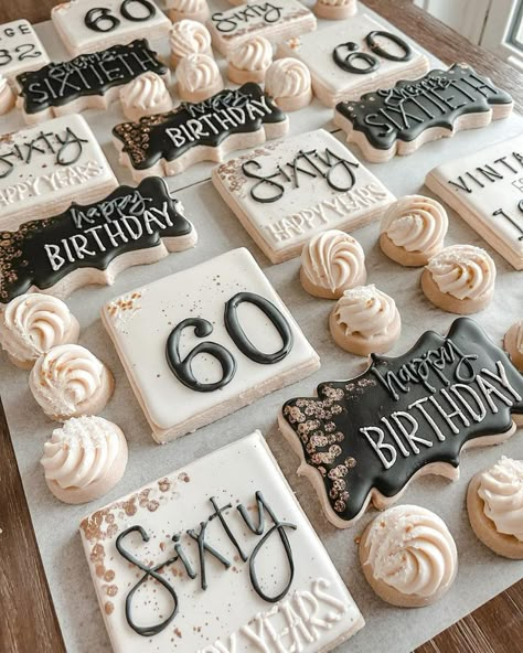 60th Birthday custom decorated cookies in assorted sizes.  Vintage themed. Birthday Party Decorations 60th, 60thbirthday Party Ideas, 60 Surprise Birthday Party Ideas, 60 Cookies Decorated, Dessert Table For 60th Birthday, Sixty Birthday Cookies, 60 Th Birthday Cakes For Women, 60th Bday Decor, 60 And Fabulous Party Decoration