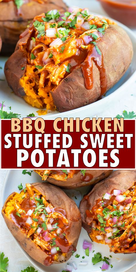 Shredded Bbq Chicken, Sweet Potatoes Recipe, Stuffed Sweet Potatoes, Chicken Stuffed, Diner Recept, Health Dinner, Weeknight Dinner Recipe, Makanan Diet, Potatoes Recipe