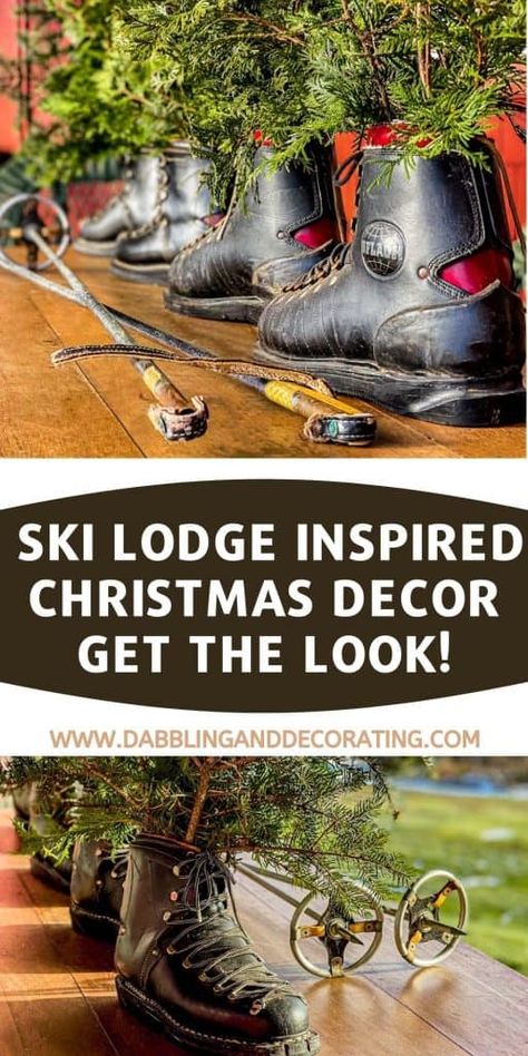 Ski Lodge Christmas Decor Diy, Ski Poles Decor Christmas, Ski Poles Repurposed, Alpine Christmas Decor, Diy Ski Decor, Christmas Ski Lodge Decor, Ski Decorations Christmas, Skis On Wall, Ski Cabin Decorating Ideas