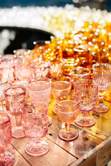 Colorful glassware | photo by Paige Jones Malibu Rocky Oaks, Dinner Party Summer, Colored Glassware, Summer Dinner, Vintage Glassware, Party Photos, Stemware, Vintage Wedding, Cocktail Party