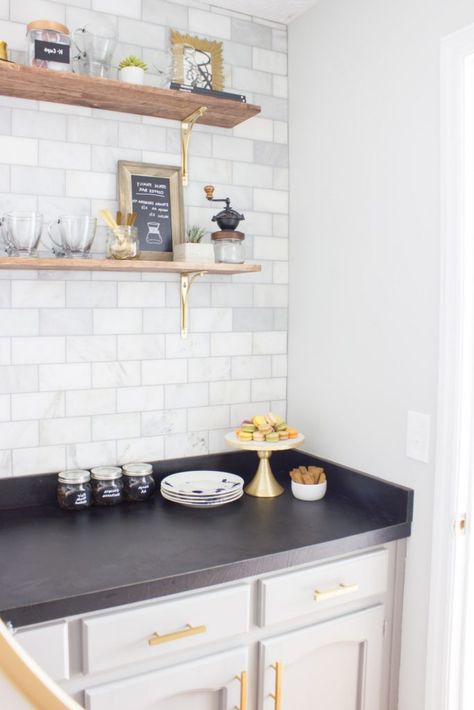 15 Home Coffee Station Ideas for Every Budget Wet Bar Makeover, Bar Makeover, Bar Renovation, Small Wooden Shelf, Dipping Oil, Coffee Bar Ideas, Beverage Bar, Diy Coffee Bar, Pantry Shelves