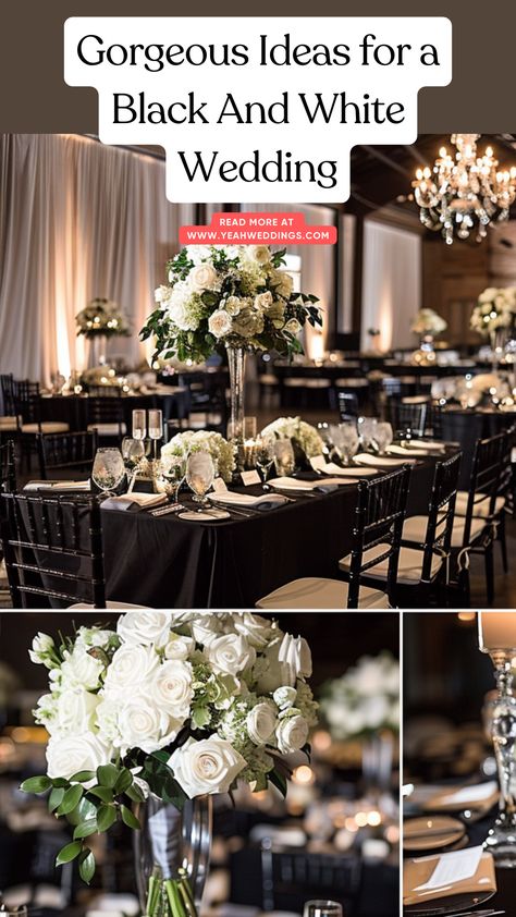 A beautifully decorated black and white wedding venue featuring elegant table settings, chic floral arrangements, and sophisticated lighting, and a stunning wedding couple. Black White Wedding Centerpieces, High End Wedding Decor, Black And Cream Wedding Decor, Black And White Wedding Decor Ideas, Black White Silver Wedding Theme, Black White And Pearls Wedding, Silver And Black Wedding Theme, Black And White Wedding Shower Ideas, Diy Black And White Wedding Decor