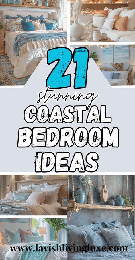 Coastal bedroom Coastal Cottage Bedroom Ideas, Navy Coastal Bedroom, Cozy Coastal Bedroom, Modern Coastal Bedroom Ideas, Beach Decor Ideas, Coastal Cottage Bedroom, Coastal Bedroom Decor, Modern Coastal Bedroom, Coastal Bedroom Ideas