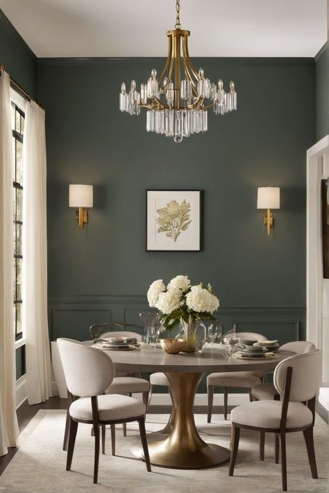 1. Dining room decor
2. Paint finishes
3. Interior design
4. Home improvement Gray Walls Dining Room Ideas, Dining Room Decor Dark Walls, Dining Room Decor Wainscoting, Blue Dining Room With White Wainscoting, Dining Room Paint Colors With White Wainscoting, Green Paint Dining Room Ideas, Green Wall In Dining Room, Dining Room Decor Chair Rail, Tray Ceiling Dining Room Ideas