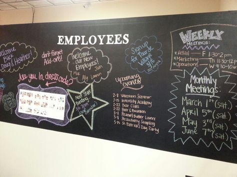 Employee chalk board wall #diy Reconigtion Board, Employee Board Ideas Offices, Employee Information Board, Employee Breakroom Ideas, Workplace Motivation Board, Employee Of The Month Board Ideas Diy, Employee Break Room Decorating Ideas, Employee Wall Ideas, Fun Office Decor Workspaces