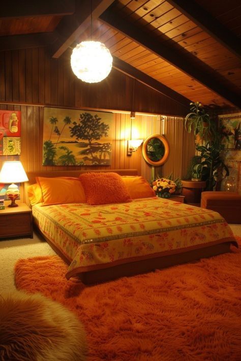 1960s Bedroom, Lake Bedroom, 60s Bedroom, Boring Bedroom, 70s Bedroom, 70s Interior Design, 70s House, 70s Interior, Sleeping Quarters