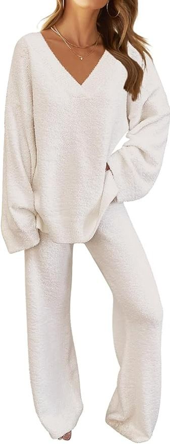 Women's 2 Piece Outfits Fuzzy Fleece Pajama Set Long Sleeve Top Wide Leg Pants Loungewear Amazon Sets, Lounge Clothes, Womens Loungewear Sets, Pyjamas Womens, Lounge Outfit, Fleece Pajamas, Loungewear Set, Sweater Set, Womens Loungewear