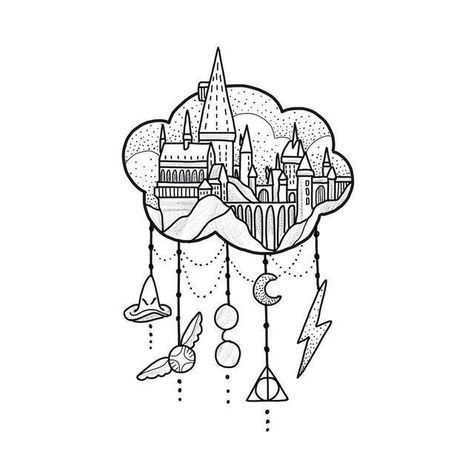 A Drawing, Harry Potter, Castle, Black And White, Stars, White, Black