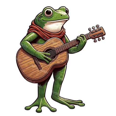 Frog Playing Guitar Drawing, Animals Playing Music, Frog In A Top Hat, Frog Character Design, Frog Guitar, Frog People, Frog Standing, Frog Playing Guitar, Cartoon Frogs