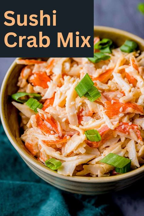 Learn how to make the classic sushi crab mix used in the crabmeat salad sushi rolls right at home in less than 10 minutes. Whether you want to make crab sushi rolls, or just indulge in the delicious, creamy crabmeat salad mix, this recipe is ultra easy to make so you can make it at home any time. via @Went Here 8 This Sushi With Crab Meat, Sushi Crab Mix Recipes, Crab Rice Paper Rolls, Crab Mix For Sushi, Sushi Bake Crab, Crab Salad For Sushi, Crab Sushi Recipes, Sushi Squares, Crab Rice Bowl