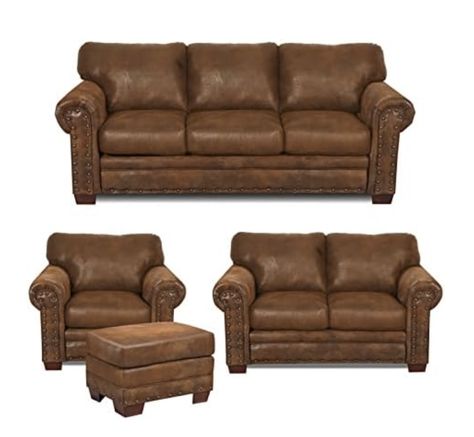 -Leather look solid color microfiber -Solid wood frame will last for years -Comfortable foam seat and back cushions are -wrapped with fiber for a comfortable seat -Nail head accents bring a rustic look to this group -Solid wood legs -Ships in several boxes, may ship separately Western Rustic Home Decor, Log Kitchen, Southwestern Chairs, Lodge Living Room, 4 Piece Living Room Set, Transitional Living Room Furniture, Lodge Furniture, Microfiber Sofa, Living Room Furniture Sets