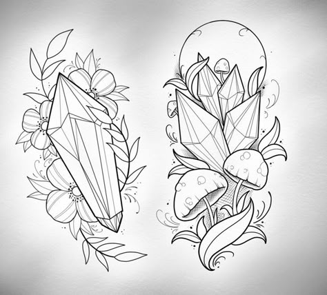 Crystal Witch Tattoo, Flower And Crystal Tattoo, Crystal And Mushroom Tattoo, Witch Tattoo Stencil, Crystals Drawings, Crystal Flower Tattoo, Brenda Tattoo, Crystal Tattoo Design, Mushrooms Tattoo