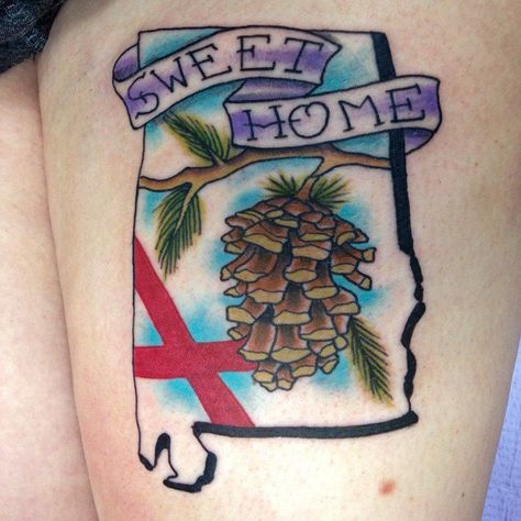 Pin for Later: 50 States of Tattoos: Ink Ideas From Every Corner of America Alabama Alabama Tattoo Ideas, A Tattoo Designs, Alabama Tattoos, Pinecone Tattoo, Black Dragon Tattoo, Alabama Logo, State Tattoos, State Of Alabama, Healing Room