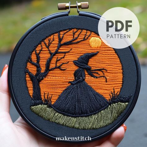 Add to your collection this charming little witch hand embroidery pattern. Easy to stitch, this whimsical design adds a delightful gothic touch to your Halloween decor. PLEASE NOTE: * The pattern does NOT include step-by-step instructions. * This is a digital download, you will receive no physical items with this purchase. YOUR DOWNLOAD INCLUDES: * Printable pattern scaled to fit 4" to 8" hoops * Beginner's Embroidery Guide * The Guide includes step-by-step photo instructions of all the stitches Embroidery Inspiration For Beginners, Embroidery Halloween Designs, Halloween Embroidery Patterns Free, Halloween Hand Embroidery, Easy Embroidery Designs, Goth Embroidery, Gothic Embroidery, Witch Embroidery, Dark Embroidery