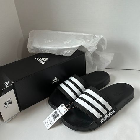 This Listing Is For A Pair Of Adidas Adilette Shower Slides . They Are Black And White Size Men’s 10 Women’s 11 . New In Box Addidas Slippers, Adidas Slippers, Adidas Sandals, Adidas Adilette, Luxury Lifestyle Dreams, Funny Comedy, Slides Shoes, Sandals Black, Black Adidas