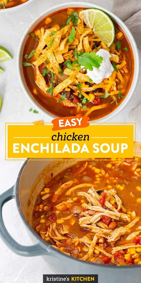 Hearty and flavorful Chicken Enchilada Soup! This easy soup recipe has shredded chicken breast, beans, corn and enchilada sauce. Load up a bowl with your favorite toppings and enjoy for lunch or dinner. Slow cooker and Instant Pot instructions included. Chicken Enchilada Soup Crockpot Recipes, Chicken Quesadillas Soup, Enchilada Chicken Chili, Chicken Enchiladas Soup Easy, Canned Chicken Enchilada Soup, Shredded Chicken Recipes Crockpot Soup, 7 Can Enchilada Soup, Chicken Enchilada Soup No Beans, Quick And Easy Soup Recipes For Two