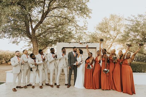 Amber Dreams at a Stunning Wedgewood Weddings Venue! | Friar Tux Light Terracotta Wedding, Terracotta Wedding Party, Brown Wedding Themes, 2026 Wedding, Light Terracotta, Wedding Tux, Orange Bridesmaid, Burnt Orange Weddings, Tan Wedding