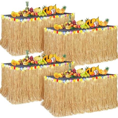 Aneco 4 Pieces Luau Grass Table Skirt Hawaiian Table Skirt Grass Skirt Table Fringe with LED String Light for Tropical, Hawaiian Themed, Birthday Party (Natural) Island Party Decorations, Luau Table, Hula Party, Hawaii Themed Party, Hawaiian Baby Showers, Hawaii Theme, Aloha Party, Table Skirts, Grass Skirt