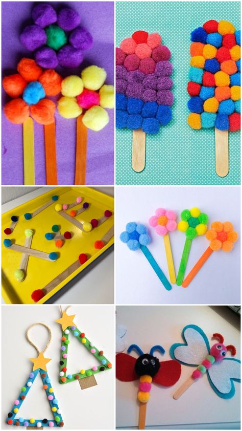 Popsicle Stick Pom Pom Craft Ideas - Kids Art & Craft Crafts With Popsicle Sticks And Pom Poms, Easy Crafts With Pom Poms, Pom Pom Arts And Crafts, Ideas With Pompoms, Preschool Pom Pom Crafts, Dan And Darci Crafts Ideas, Pom Pom Crafts Preschool, Preschool Crafts Popsicle Sticks, Activities With Craft Sticks