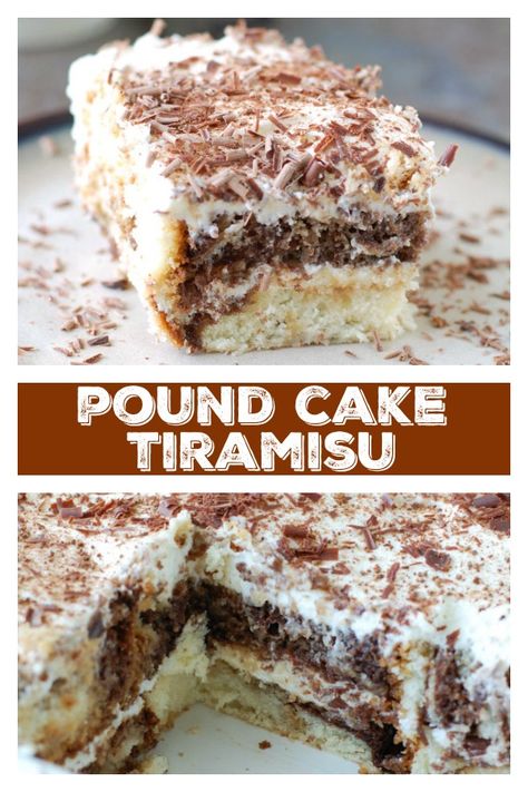 Easy Pound Cake Tiramisu: An easy #makeahead dessert made with marble pound cake. #tiramisu #poundcake #easydessert #valentinedessert Tiramisu With Pound Cake, Tiramisu Pound Cake, Tiramisu Pound Cake Recipe, Pound Cake Trifle Desserts, Pound Cake Tiramisu, Terimasu Cake, Dessert With Pound Cake, Tiramisu Pie, 2023 Desserts