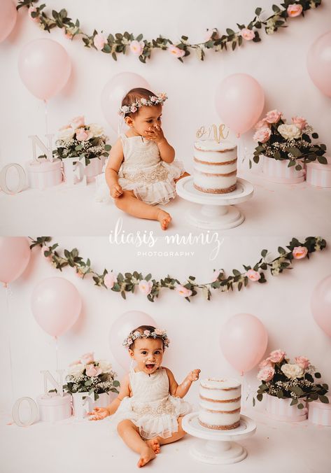 Pink And White First Birthday Photos, Balloon Arch Cake Smash, Smash Cake Diy Photo Shoot, Cake Smash Photos Theme, Princess Cake Smash Photography, White Cake Smash Photoshoot, White Backdrop Cake Smash, One Birthday Pictures, Isn’t She Onederful Cake Smash