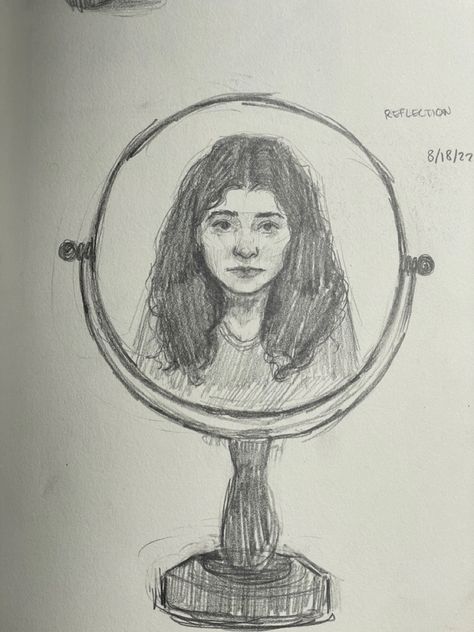 Standing In Front Of Mirror Drawing, Mirror Sketch Pencil Drawings, Insecure Drawing Mirror, Person In Mirror Drawing, Mirror Drawing Easy, Tired Person Reference, Drawing Of Mirror, Shattered Mirror Drawing, Looking In Mirror Reference Drawing