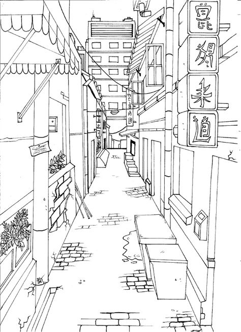 Japanese City - Empty streets by Haraigoshi                                                                                                                                                                                 More 1 Point Perspective, Beautiful Pencil Drawings, Kunst Inspo, Japanese City, Perspective Sketch, Perspective Drawing Architecture, Perspective Drawing Lessons, One Point Perspective, City Drawing