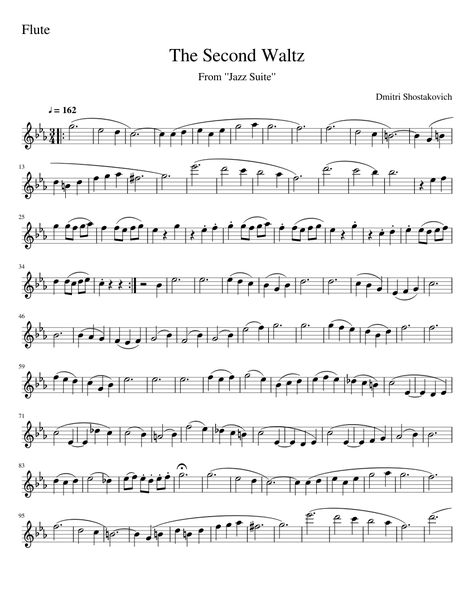 The Second Waltz - Flute Solo Waltz No.2 Shostakovich, Flute Sheet Music With Letters, Flute Sheet Music Popular Songs, Flute Solos, Free Flute Sheet Music, Unfinished Symphony, Flute Notes, Dmitri Shostakovich, Music Tips