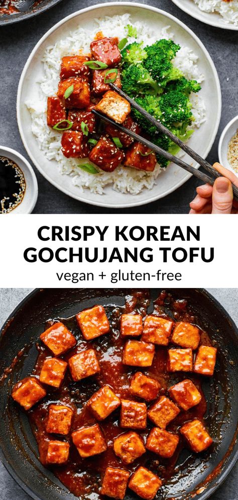 Korean Tofu Dish, Spicy Korean Tofu, Gochujang Tofu Bowl, Crispy Gochujang Tofu, Vegan Gojuchang, Vegetarian Recipes Spicy, Vegan Food High In Protein, Tofu Recipes Gochujang, Crispy Korean Tofu